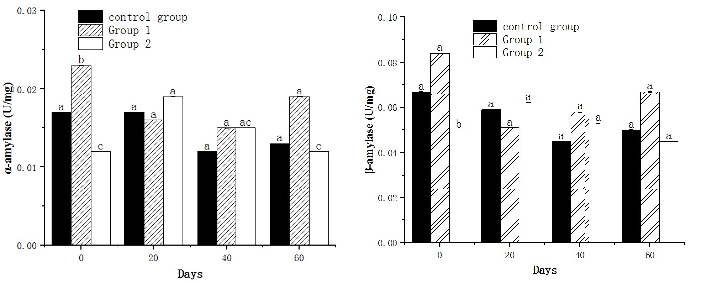 Figure 5: Effects of gingerol on lipase (LPS) activity in the hepatopancreas of _M. nipponense._ Pepsin activity in _M. nipponense_ of control group was significantly higher than those of group 1 and 2 on the 0th day(P＜0.05) and it showed a larger fluctuation range at each sampling. Pepsin activity of group 1 increased as the experiment progressed, and reached 0.34 U/mg on the 60th day, significantly higher than both of control group and group 2(P＜0.05). Pepsin activity of group 2 decreased overall and was the lowest on 60th day. On the 20th day, it had already decreased to 0.03 U/mg (Figure 6).