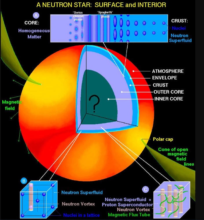 Figure 2: shows schematic illustration of the structure of a neutron star. The outermost layers of a neutron star, the atmophere, envelope, and crust are shown . Note that (i) Superfluidity in the crust is schematically represented in inset “A”, (ii) a diagram of the pasta phases in the crust is shown in inset “B” and (iii) The core is separated into the outer core, which has the structure given in inset “C”. The inner core (marked ?) whose nature is currently unknown Page D, et al. [2].