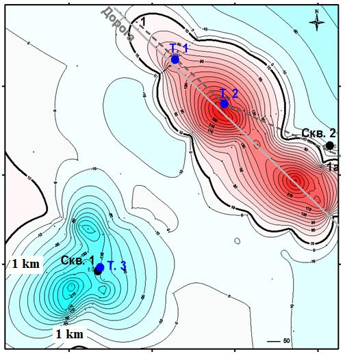 Figure 5: AEF isolines in the area of the Satybaldy-Karsak structure, the Guryev arch, Western Kazakhstan. Positive field anomaly of about 250V/m in the NE part above the productive oil deposit; negative field anomaly of about (- 110) V/m in the SW part. However, in the southwest part on the same site another AEF anomaly (negative of an irregular shape) was detected. Its value at the minimum reaches (-110) V/m. According to the exploration results, this area is recognized as unproductive with respect to industrial oil reserves - reservoir-reservoirs are saturated with mineralized water. Satybaldy-Karsak structural element is located in the northwest of the Karsak salt-dome structure, which overlies the oil deposit [17]. According to electrical prospecting and drilling, the salt dome area is significantly larger than the total area of all identified oil strata. Pressure-tight salt dome prevents deep subvertical flow of volatile gases and plumes of the oil deposit from moving to the Earth's surface. Volatile gases are accumulated under the dome, and then their subvertical discharge by the dome perimeter happens. This is that leads to negative AEF values in the southwest of the studied area. In this case, lifting of the hydrogen and plume methane flow out to the atmosphere is regulated by the salt dome rather than by the oil deposit cover. Figure 6 shows results of the AEF-profiling above the zone of emergency petroleum product spill that has entered temporary perched water. During the scouring activities, the AEF level increases reaching its maximum on 04.2002.By this time, petroleum product residues remain at marks 100m and 300-700m.The presence of petroleum products increased methane concentration in the near-surface soil layers that led to an increase in soil radon exhalation, i.e. recorded AEF decline.