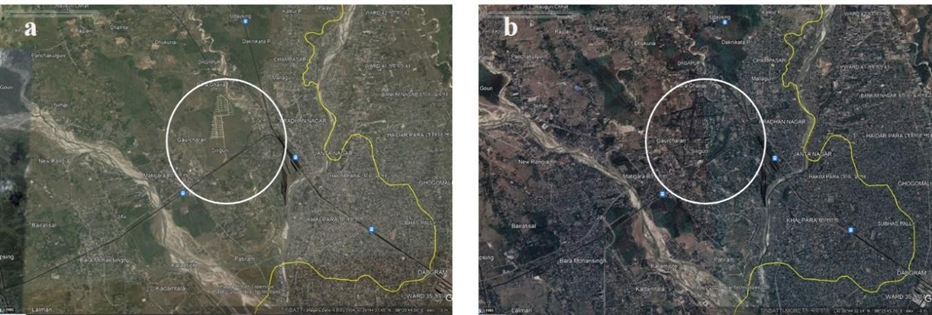 Figure 8: FCC images of southern parts of Darjeeling District (Portion of Siliguri Sub-division) in 1999 (a) and 2022 (b) [Image Source: Landsat TM 5 (a) and Landsat OLI 8 (b).