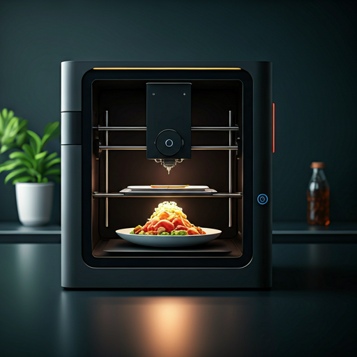 Figure 2: AI-generated image depicting 3D food printer creating a personalized meal with unique nutritional properties, designed with the help of AI algorithms [2].