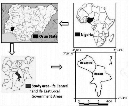 Figure 1: Map showing Ife East Local Government Area, Ile Ife. Osun State (Akeem and Oni, 2020).