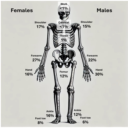 Figure 1: The lifetime distribution of fractures by sex and age showed that females had a bimodal distribution, one peak in early childhood (likely around 0–15 years) and another peak in older ages, especially after 50, with a significant rise toward older age groups. There was a clear dominance of fractures in older females compared to younger females (Figure 2). The age distribution in males was unimodal and more uniform than that of females. The most prominent peak occurs in early childhood (0–15 years), but the frequency of fractures stays stable or slightly declines gradually across the lifespan, with fewer fractures observed at older ages (above 50 years) (Figure 2).
