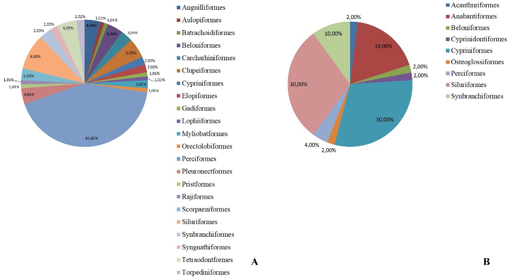 Figure 4: A-B Percentage of fish orders in Sundarbans, Bangladesh in 2018 (A) and 2023 (B).