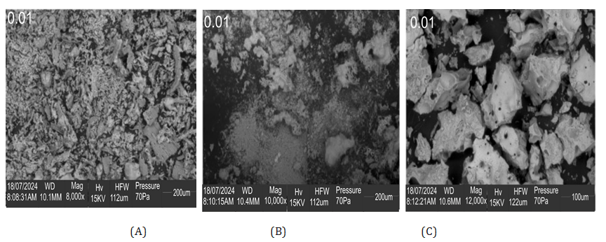 Figure 5: SEM of eggshell activated carbon at (A) 8,000 magnification, (B) 10,000 magnification, and (C) 12,000 magnification.