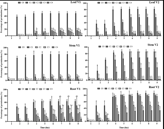 Figure 2: Effect of aqueous extract (AE) on germination percentage of okra’s seed. C0: sterile distilled water (Control), C1: 25% of AE, C2: 50% of AE, C3: 75% of AE, C4: 100% of AE, V1: Clemson, V2: Hire. For each graph, at each time, the average ± standard deviation with the identical inscription was not differing significantly at the 0.05 level of Duncan’s test.