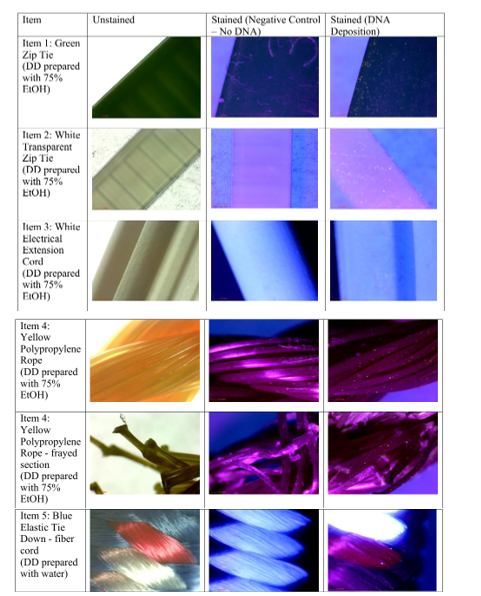 Figure 4: Unstained Surfaces with Visible Light (Left), UV Illumination without Diamond Dye or DNA (Middle) and UV Illumination with Diamond Dye and DNA (Right). Items 1-4 are Nonporous while Item 5 is Porous.