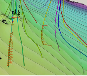 Figure 3: Structural map with drilled wells and FOS wells 1 and 2 used in steam injection. Data gathering & Data analysis of FOS Application Two wells, well #1 (24+1 sensors) and well #2 (14+1 sensors), each on a separate cluster (PAD), have fiber optics installed. Flexible interfaces are readily set up to deliver downhole data to the office system and facilitate communication between the site and the surface data gathering system. A field developed model update resolved the problem with the remote monitoring data acquisition (RMDA) system, where the data acquisition frequency was set at one second and some data was not recorded because of wavelength overlap. The RMDA system is set up at the same frequency as the system office, which has a 10-minute data acquisition frequency. Data analysis includes examination of CSS design and other downhole steam injection circumstances. The amount of steam and the duration of steaming are determined by field experience; When to shut down the well for a fresh CSS, minimum wellhead temperature for a new steam cycle or minimum oil output; There is no link between the steam table and the wellhead characteristics. Next, Questions to pose: Where does water production The following pictures, which come from a thermal simulation or monitoring system during steam injection, display the temperature distribution along a wellbore profile for well # 1 and 2. The well trajectory covered in grey is a horizontal profile on the color map, which shows temperature intensity with cooler areas in blue/green and hotter areas in red/orange. The well path’s labeled values emphasize heat dispersion and possible steam breakthrough or channeling by displaying temperature readings at different recorded depths (Figures 4 & 5). In the horizontal wellbore profile, the 9 5/8” casing is close to base reservoir until an inclination of 93+˚ (parallel to reservoir). Horizontal slotted liner is placed in open hole through the oil sands zone (Figure 6). Steam injection is done through a 3 1/2” tubing, thermal expansion joint and thermal packer. The oil production is performed through conventional rod pump.