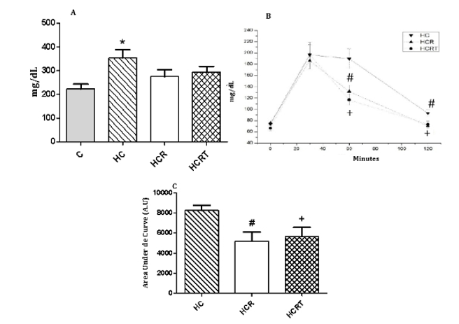 Figure 2: 2A: Random blood glucose levels of all experimental groups; 2B. Glucose tolerance test (GTT) of the experimental groups. 2C. Area under Curve of GTT experiemental groups. C, control diet and water; HC, high-carbohydrate diet and water; HCR, high-carbohydrate diet and Rooibos tea; HCRT, high-carbohydrate diet and water for 6 weeks, followed by Rooibos tea replacing water in the last 2 weeks. Results are expressed as mean ± standard error (n = 8 animals per group). *p<0.05 HC vs C; #p<0.05 HCR vs HC; +p<0.05 HCRT vs HC.