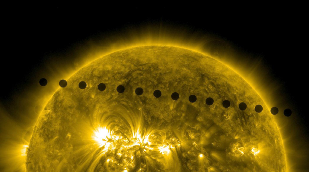 Figure 12: Transit of Venus across the face of the Sun on 5th June 2012.Sequence of images of transit composited to show the path of Venus as black dots across the face of Sun. The event lasted for 6 hours. [Courtesy: NASA/Goddard Space Flight Center/ SDO].