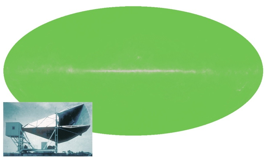Figure 35: In 1965, Arno Penzias and Robert Wilson discovered the cosmic microwave background. Their giant but crude microwave receiver saw the radiation as being the same in all directions, occurring at 2.7 kelvin. [Credit NASA]