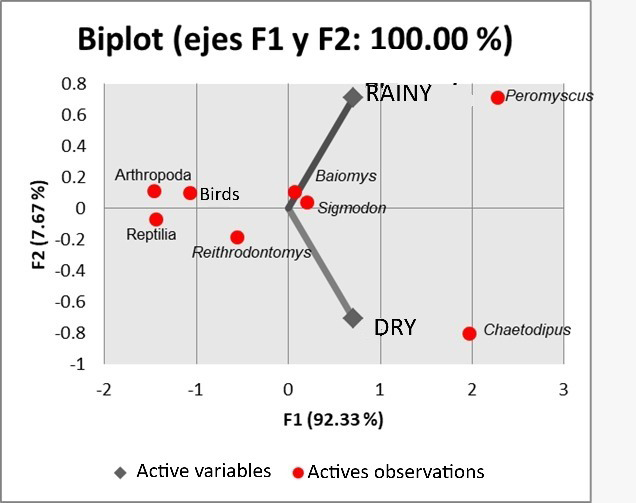 Figure 2: The principal component analysis (PCA), the prey belonged mainly to the order Rodentia, two species showing variations in their presence during both seasons: Peromyscus and Chaetodipus spp.