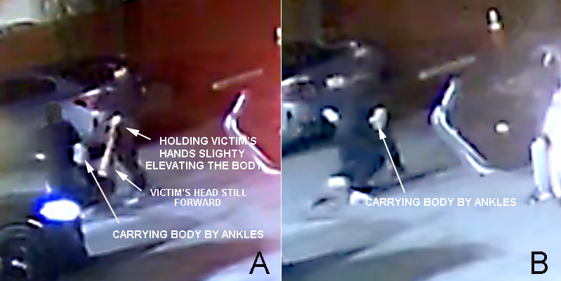 Figure 23: Security camera recording of friends of a homicide victim after a shootout with a rival gang carrying the unconscious, fatally wounded victim to a car to take him to a hospital. Images from author BB. A. The person at the victims feet was holding his ankles; the other person picked up the body by gripping his hands or wrists to elevate his body slightly off the ground. The victim’s head is tilted towards his chest. B. The body was carried to a waiting car.