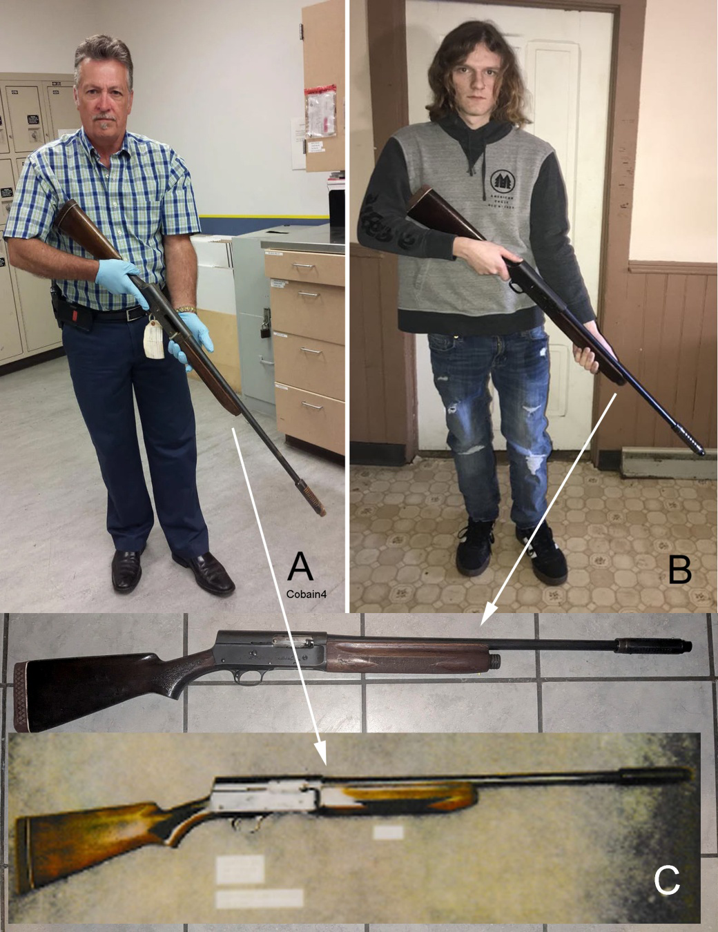 Figure 4: The Remington M11 20-gauge shotgun. A. Seattle Police Department Detective Ciesynski holding Cobain’s Remington M11 20-gauge shotgun with the Cutts compensator on the muzzle. Image from the SPD’s 2016 release. B. A volunteer holding the test Remington M11; its barrel appears shorter than that of Cobain’s shotgun due to a longer forestock or foregrip and a compensator that was shorter than the Cutts compensator. Image by author MG. C. Comparison of the test M11 shotgun with the Cobain Remington M11 shotgun; Top. The test Remington M11 shotgun, in which the old compensator (shown in B) was replaced with the Cutts compensator of the same design as the one on Cobain’s shotgun (shown in A). Image provided by author MG. Bottom. The Cobain shotgun; the fore stock or foregrip is shorter than in the test shotgun. Image from [11].