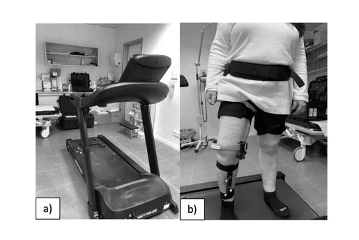 Figure 3: Equipment used for gait analysis: conventional treadmill (a) and infrared optical trackers (b).