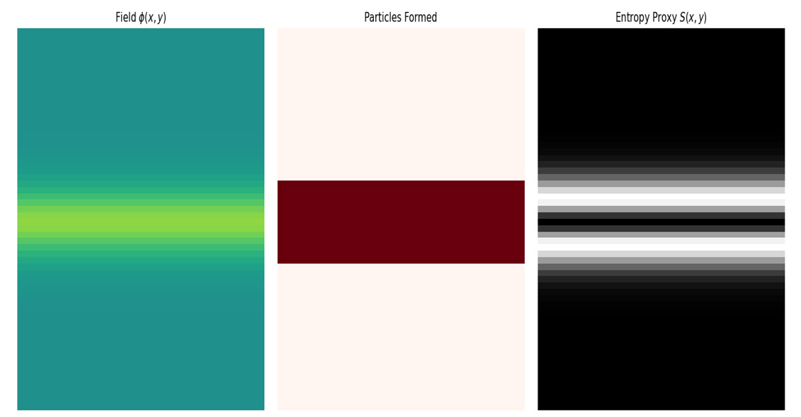 Figure 6: Spatiotemporal evolution of a 2D quantum lattice field showing emergent particle formation and entropy production from microscopically reversible dynamics.