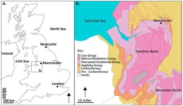 Figure 1: A) Map showing the location of the study area in the UK. B) Geological outcrop map of the Cheshire Basin highlighting key stratigraphic formations and structural features [21].