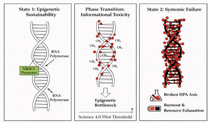 Figure 1: The Epigenetic Bottleneck and Systemic Phase Transition. This diagram illustrates the non-linear evolution of the NR3C1 gene integrity under the influence of environmental and social flow congestion.