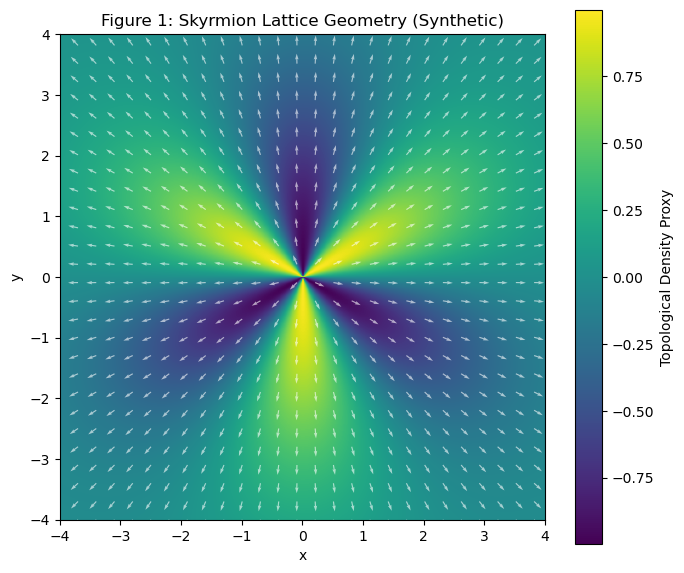 Figure 1: Skyrmion Lattice Geometry in the Early-Universe Hadronic Phase (Synthetic SU(2) Texture Plot) schematic showing Hexagonal/BCC-type crystal showing fields textures, topological windings, the baryon-density maps, and pion-fields vectors orientations.