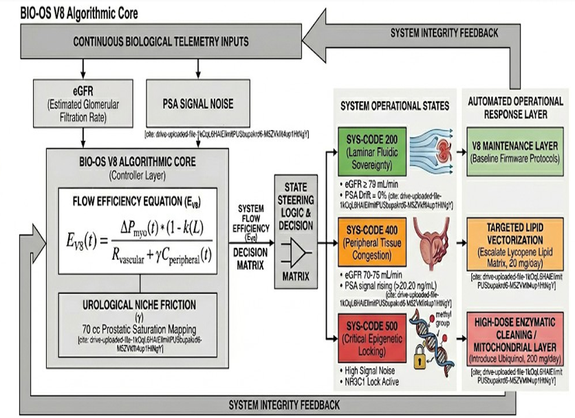 Figure 1: Algorithmic block diagram of the Bio-OS V8 architecture. The schematic illustrates the automated steering logic and transition pathways between system operational states (SYS-CODE 200, 400, and 500) based on continuous telemetry inputs.