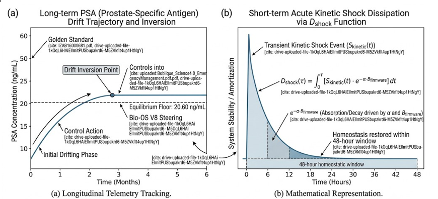 Figure 2: Longitudinal telemetry tracking and acute kinetic shock dissipation. (a) Inversion and flattening of the PSA drift trajectory at the 20.60 ng/mL equilibrium floor. (b) Mathematical representation of the Dₛₕₒ𝚌ₖ function absorbing the transient workload disturbance within the 48-hour homeostatic window.