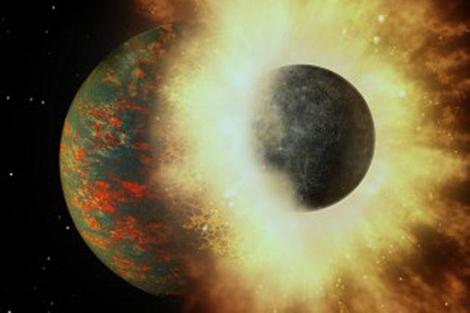 Figure 8: The ratio of volatile elements in Earth’s mantle suggests that virtually all of the planet’s life-giving carbon came from a collision with an embryonic planet approximately 100 million years after Earth formed [97]. (Credit: Image by A. Passwaters/Rice University based on original courtesy of _NASA/JPL-Caltech_