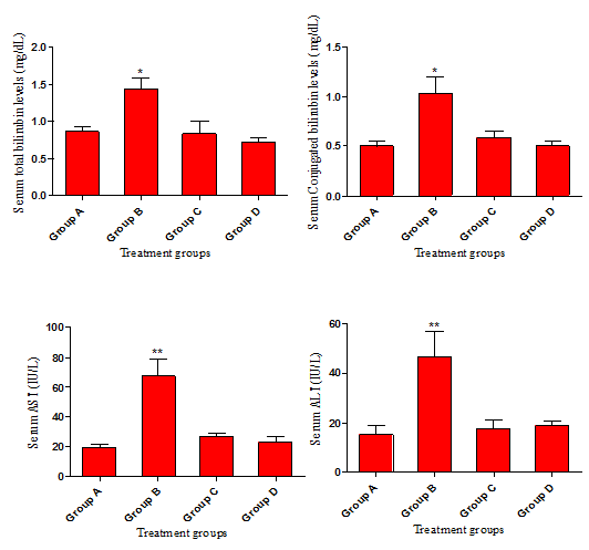 Figure 2: Comparison of liver biochemical concentrations in different experimental groups. The Histograms show serum total bilirubin and conjugated bilirubin, AST and ALT levels following experimental treatments. The preliminary data shows that tomato fruit extract significantly ameliorated the hepatotoxic effect of acetaminophen. The data are presented as mean±SEM of serum total bilirubin and conjugated bilirubin, AST and ALT levels for individual treatment. Statistical analyses were performed using the student’s t- test or ANOVA.