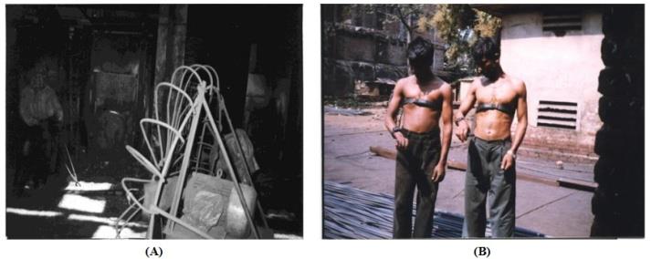 Figure 3: A. Workers worked near the furnace, B. Heart rate was recorded by polar electro tester. The receiver had a memory function that records the mean heart rate (HRm) at every minute interval in beat per minute (bmp). The monitor was taken off at the end of the workday, and the recorded heart rate was read off onto laptop computer using software (PC/XT/AT/PS-2, Win version 4.10). The data were then subjected to statistical treatment, which determined the work effort (increased working heart rates) and workers' physiological response such as rise in Toral. Energy expenditure indicates physical effort involved in a task which was also evaluated by Spitzer and Hettinger [1].