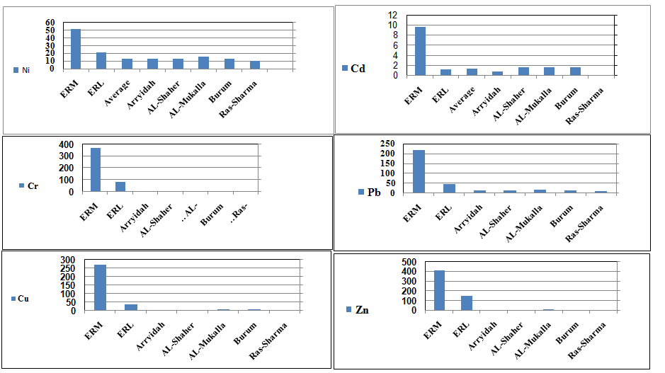 Figure 18: The concentrations of total metals in the surface sediments, compared to ERL and ERM (August).