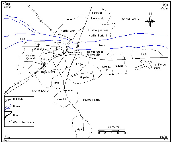 Figure 1: Map Showing Makurdi settlements and the River Benue.