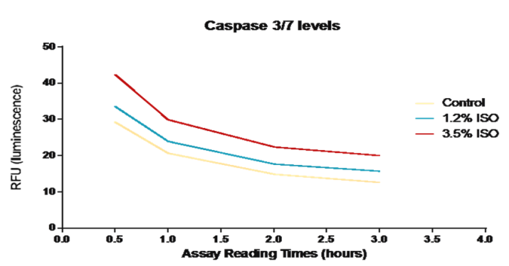Figure 1: Caspase 3/7 levels among RPE cells treated with Isoflurane. Caspase 3/7 levels among RPE cells that have been treated with 1.2% and 3.5% Isoflurane were compared to control untreated cells. The graph represents multiple readings of Caspase 3/7on the plate reader at 480 nm (excitation) and 530 nm (emission) taken at different time points after performing the assay. The data reveals a concentration dependent increase in caspase 3/7 among RPE cells that have been treated with Isoflurane.