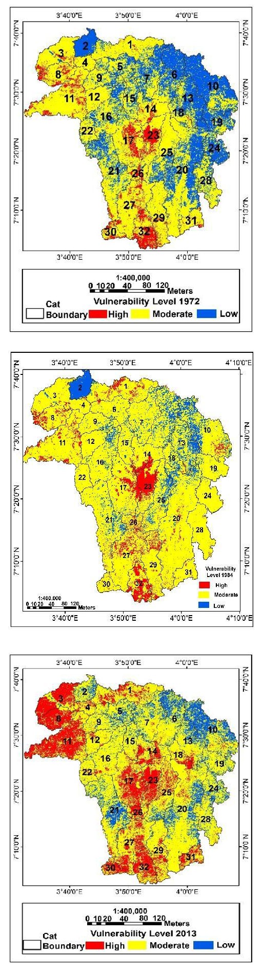 Figure 1: (a) Flood Hazard/Vulnerability in each catchment for the year 1972 (b) Flood Hazard/ Vulnerability catchment year 1984 (c) Flood Hazard/Vulnerability in each catchment for the year 2000 (d) Flood Hazard/Vulnerability in each catchment for the year 2013.
