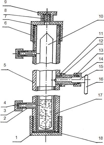 Figure 1: The sampler for gas chromatography analysis of radiolytic decomposition gases of hydraulic fluids:1 – cover; 2 – inert gas fitting; 3 – cover;