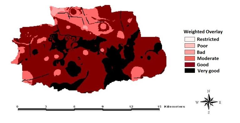 Figure 5: Sites with poor, bad, moderate, good and very good zones for erecting rainwater harvesting structures are found. This result may vary if the weightages are given differently or few more maps are considered.