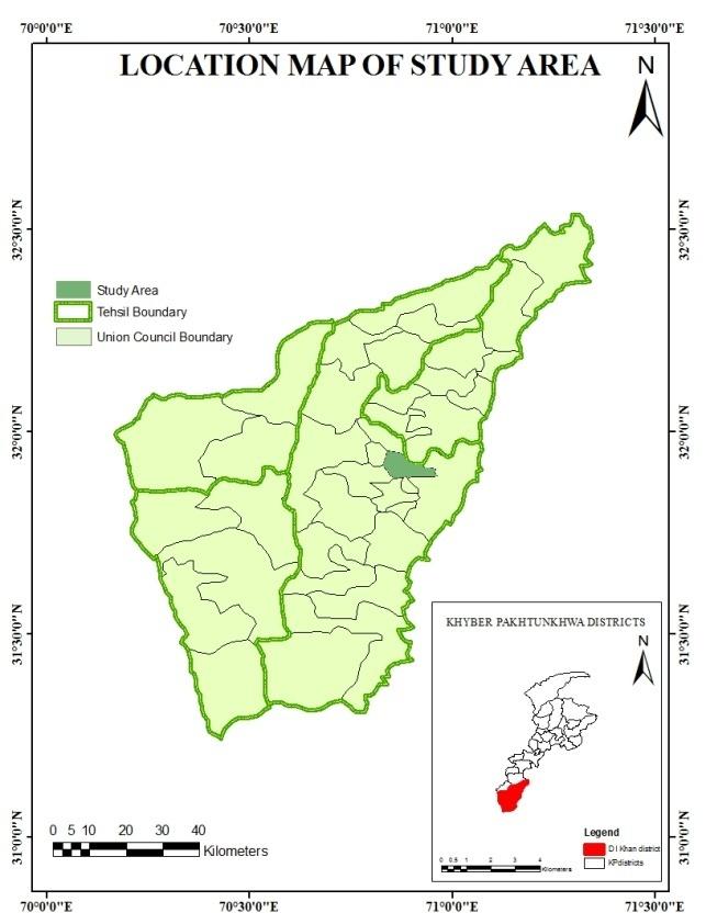 Figure 2: Location of the study area showing Shore Kot area (DI Khan) in red and blue.