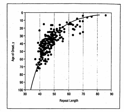 Figure 10: (CAG)n repeat length versus age-of-onset of Huntington’s disease (adapted from (Figure 3) of [61]. Long-term stability of EPR-generated entangled proton qubit-pairs allows evolutionary distributions of the 22 most abundant microsatellites common to rat and human to be specified by Grover’s processors measuring, δt << 10–13 s, quantum informational content of EPR-generated entangled proton qubits [16-20,21]. In these cases, Grover’s-type [20] quantum processor “crawls” along major and minor genome grooves at ~ 10–5 cm s–1, where it “quantifies” quantum informational content of entangled proton qubit superpositions, │+> ⇄ │–>, oscillating in decoherence-free subspaces, between near symmetric energy wells at ~ 4x1013 s–1[23-25, 38,45,48- 49]. In intervals, δt << 10–13 s, Grover’s processor “traps” an entangled-state proton, │–>, in a major or minor groove (Table 1), which creates an enzyme – proton entanglement. Before proton decoherence ― Δtʹ ≤ 10–14 s < τD ― the enzyme – proton entanglement implements quantum information processing (Table 1), which specifies evolutionary distributions of, for example, rat and human microsatellites [17-18,21]. Therefore, consistent with observation and analyses, neither water, ionic incursions or random temperature fluctuations obstruct quantum information processing, Δtʹ ≤ 10–14 s < τD, executed by rat and human genomes [17-18,21,31,54- 56,67]. Quantum information processing algorithms are analogously operational in DNA of human brain-cells, which are embedded within an evolutionarily selected neural circuitry [7-9,16-19,44,68-70]. Consequently, quantum information processing, Δtʹ ≤ 10–14 s, of EPR- generated entangled proton qubits, executed by a single brain-cell, could communicate the resulting quantum information processing calculations to the brain’s neuronal network of ~ billons of neurons [16-19,54- 56,68-70]. This evolutionarily coordinated “network” communication could cause entanglement-enabled information-processing computations in ~ billons of brain-cell DNA systems, and consequently, execute the phenomenon of consciousness [7-9,68]. Since several dominant concepts in contemporary neuroscience were developed approximately ~ 50 to 100 years ago, Stern recently suggested that “proper” interpretation of observation, and construction of theoretical models, could benefit from “updated concepts” [68]. To this end, a consideration of neuroscience research “big questions” was reviewed, e.g., consciousness neuroscience industrialization, “proper” animal models in neuroscience, “microscopic” brain processes in prefrontal cortex, and space – time concepts within brain tissue [7,70,111-113]. Frégnae argues that enhanced interdisciplinary collaboration between physics and biology would yield greater resolution and insight into information processing by neurological cells, which agrees with and this report [7,70]. Based on recent studies, quantum information processing of EPR-generated entangled proton qubit- pairs _is_ operational in _all_ duplex DNA systems [1-2,10- 19,35-37,42-44,51_-56_,60-61]. In this case, quantum-level resolution ― e.g., identification of selected and rejected eigenstates constituting a “measured” superposition system in (Table 1)― becomes available for biochemical studies of cognitive processes, at the level of an entangled proton qubit, “trapped” in a genome groove [38]. Empirical evidence implies that consciousness can originate from specific computations; so, quantum information processing by brain-cell DNA suggests an evolutionarily selected entanglement-enabled “working hypothesis” for consciousness, executed within the neural circuitry network of brain-cell DNA systems [7-9,16- 19,54-56,68-70,112]. In these cases, quantum information processing, Δtʹ ≤ 10–14 s, implemented by a single human brain cell could communicate the resulting quantum information processing calculations to the brain’s neuronal network of ~ billons of neurons [7,16-19,54- 56,68-70,112]. Analogous to evolution instructions provided by “measured” quantum informational content embodied within EPR-generated entangled proton qubit- pairs orchestrated quantum information processing of entangled proton qubit-pairs in brain cell DNA could be responsible for the phenomenon of human consciousness [7-9,16 -19,21,44,68-70,111-113]. Avenues for neuroscientists to investigate properties of EPR-generated entangled proton qubit-pairs are provided, e.g., by Huntington’s disease patients with “long” inherited (CAG)n (n ≥ 37) repeats [16,44,59,61-62]. The time between birth and manifestation of Huntington’s disease is the time required for EPR-generated entangled proton qubits to populate the inherited (CAG)n to its “threshold limit” [16,61]. In these cases, phenotypic manifestation of Huntington’s disease _requires_ Grover’s [20] processors to measure quantum informational content — embodied within EPR-generated entangled proton qubits — that occupies the (CAG)n-repeat to its “threshold limit”. This observation (Figure 10) can be exploited to investigate quantum information processing of EPR-generated entangled proton qubit-pairs in brain- cell DNA [10-12,16,-19,54-56,61]. Huntington’s disease provides an example malfunction of quantum information processing of EPR-generated entangled proton qubits in neurological cells. However, “properly implemented” quantum information processing of EPR-generated entangled proton qubits in brain-cell DNA could, this report argues, participate in cognitive processes responsible for consciousness [7-9,16,18, 44,68-70]. The “long-term” availability of EPR-generated entangled proton qubit-pairs provided additional entanglement-enabled information processing options ― not accessible to classical evolution mechanisms ― on which Darwinian selection operates to generate more advantageous and versatile biological functions [1-9,16- 21,47,51-56,58-61,63-66,77,82]. Recognition of EPR- generated entangled proton qubit-pairs’ role in evolution identifies “new”, quantum-level insight into responsible mechanisms, and their consequences [16-19]. These includes an entanglement-enabled information processing mechanism for consciousness, existence of “gatekeeper genes”, genome growth in terms of EPR- generated “dynamic mutations” and a quantum entanglement model for origin of the genetic code, where 43 codons specify ~ 22 L-amino acids [1, 7,16-19,44,59- 61]. Based on recent studies, EPR-generated entangled proton qubit-pairs _must retain_ entangled “two-state” quantum coherence, │+> ⇄ │–>, _for years to decades_, before specifying microsatellite evolution instructions with “measured” quantum informational content of EPR- generated entangled proton qubit-pairs [1-2,16-19,21]. Dynamic, “intra-atomic”, EPR-generated entangled proton qubit states are resistant to decoherence by “normal” _in_ _vivo_ classical environments, but are evolutionarily selected to communicate quantum informational content when “measured”, δt << 10–13 s, in state │–> within a genome groove [38], by Grover’s [20] enzyme quantum reader (Table 1) [17-19,26-30,44-45,47,51,54-56,67]. Stability of EPR-generated entangled proton qubits is explained by their “intra-atomic”, quantum-dynamic two- state, │+> ⇄ │–>, entangled oscillations at ~ 4x1013 s–1, within decoherence-free subspaces of enol oxygen and imine nitrogen. This report argues that stability of EPR- generated entangled proton qubits allows entangled proton qubit-pairs to function as “quantum informational- reservoirs” that are measured by Grover’s [20] processors, and thus, are responsible for quantum information processing instructions that implement human consciousness [7-9,13-21,23-25,45]. This hypothesis is supported by evidence that EPR-generated entangled proton qubits are responsible for “gatekeeper genes”, which implies their participation in age-related Huntington’s disease and age-related ALS [16,18- 19,44,61,94-95]. In any case, recent studies [16-19] provide “fresh views”– looking through a “quantum lens” – in efforts to explain EPR-generated entangled proton qubits observed, for example, as enigmatic data exhibited by Huntington’s disease [59,61,] and age-related cancer incidence, (Figure 7) [42,77]. Availability of EPR-generated entangled proton qubits ― for quantum information processing ― appears to be applicable in manifestation of these maladies; so, this report argues, that analogous EPR- originated, entanglement-enabled information processing may be responsible for executing reactive processes that exhibit human consciousness [6-9,16-19,54-56,68- 70,111-113]. Finally, quantum entanglement phenomena ― EPR-generated entangled proton qubits in biological systems ― _cannot_ be effectively studied using “classical- only” methods [55,61,67,75,77]. But implementation of realistic, “quantum-level” treatments of EPR-generated entangled proton qubits, and their evolutionary consequences, will benefit future progress in resolving certain “obstinate” age-related disease questions [16- 19,61,75,77-86,94]. These recent studies are consistent with prior views of Delbrück, Schrödinger and Löwdin that quantum phenomena play significant roles in governing dynamics of time-dependent evolution of genetic information [16-19,114-117].