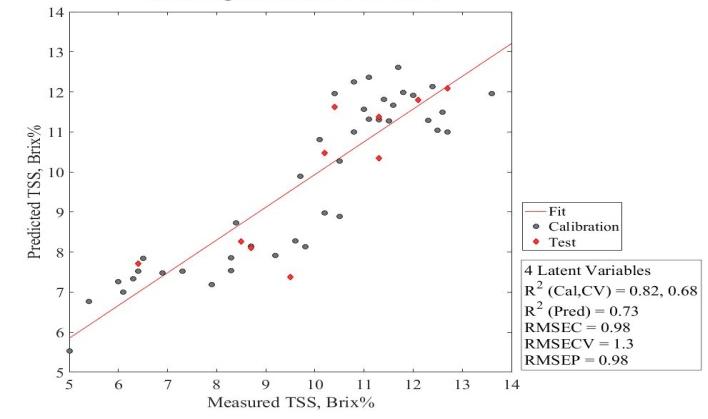 Figure 10: Prediction results of TSS content in pineapple by SWIR, D1log (1/R).