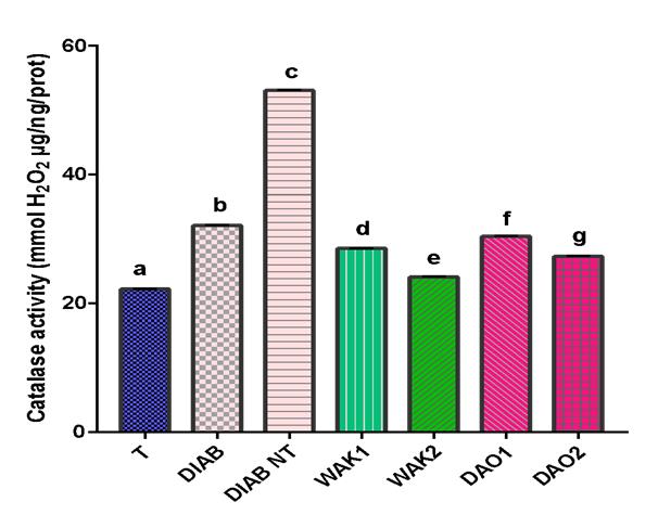 Figure 3: Evolution of catalase activity in the kidney during treatment of diabetic rats with Wakouba, and Glibenclamide (Daonil).