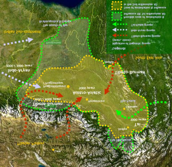 Figure 1: Map illustrating directions of movement of tribes into Assam [2].