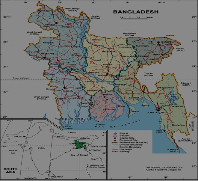 Figure 1: Location of Bangladesh and sites of lentil and wheat experiments.