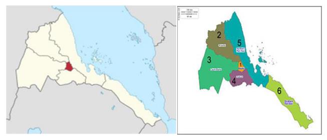Figure 1: Map of the Study Area (the red and represented as number 1) as Zoba Maekel and 2-6 numbers as others Zoba of Eritrea (Google maps).