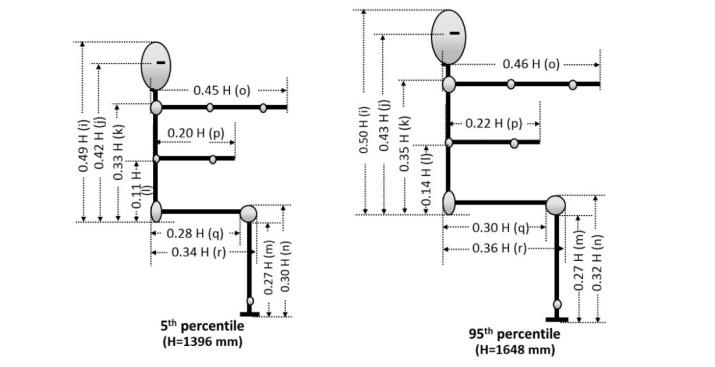 Figure 3: Segmental proportions as a function of stature (H) for different percentile female agricultural workers of central India in sitting posture. (i: sitting height, j: eye height (sitting), k: acromion height (sitting), l: elbow rest height, m: popliteal height (sitting), n: knee height (sitting), o: shoulder grip length, p: elbow grip length, q: buttock popliteal length, r: buttock knee length).