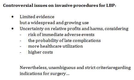 Figure 3: Controversial issues on invasive procedures for LBP.