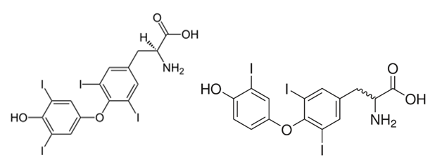 Figure 1: Chemical structure of thyroid hormones. Thyroxine (T4) (left) and Triiodothyronine (T3) (right).