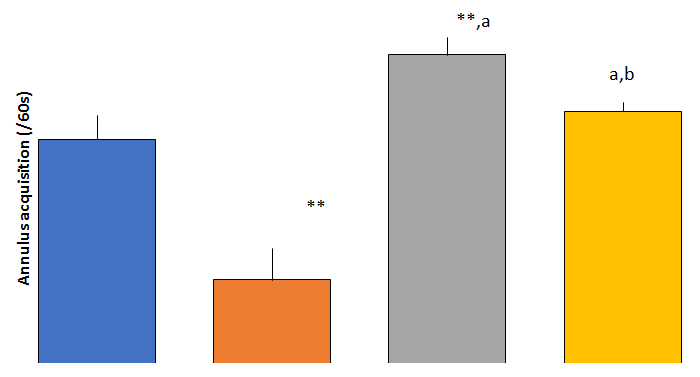 Figure 5: ** The annulus acquisitions of the probe trial periods (days 7) of the different experimental groups using --Morris water maze test. Values are expressed as mean ± SEM, n=10.