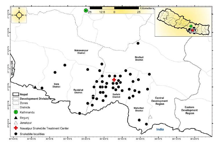 Figure 1: Map showing localities of villages and towns from where snakebite cases were reported to the Nawalpur Snakebite Treatment Center, Netragunj, Sarlahi District.