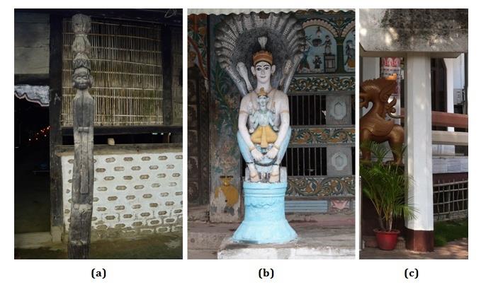 Figure 4: Comparison of pillars of namghars in (a) Rural (b) Semi-Urban and (c) Urban area.