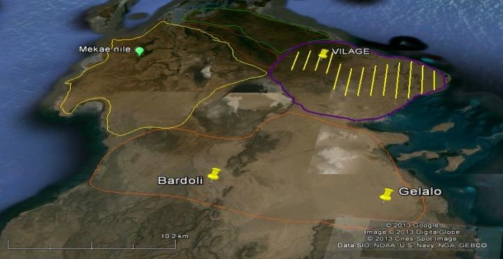 Figure 1: Sub classification of Buri peninsula - Hrey Gereb with transect lines (Image from Google Earth). Mekae’nile area (Western part) Desert with scattered vegetation, sandy soil, most rivers drain to red sea and acacia are dominant species. **Duluh and Ingel area (Northern part)** Desert with scattered vegetation, low seasonal water, rain is variable. Therefore, this sub classification (Figure 1) helps us to begin our protected areas according their available resources and wild life species phase by phase. Out of these places which the authors can suggest is Hrey Gereb area which is favorable place to be first and exemplary reserve area because of its advantages over the other areas.
