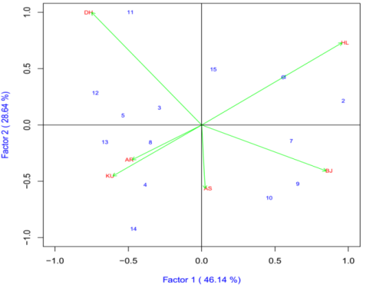 Figure 7: AMMI 2 Biplot of IPCA 1 against IPCA 2 for