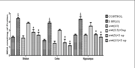 Figure 10: Effect of treatment with swertiamarin on acetyl cholinesterase level in striatum, cerebral cortex and hippocampus of rat brain (mean ± S.E.M. of 6 observations) in the different groups of rats. Effects of swertiamarin on parameters of oxidative stress in brain: Effect of swertiamarin on lipid peroxidation (MDA)